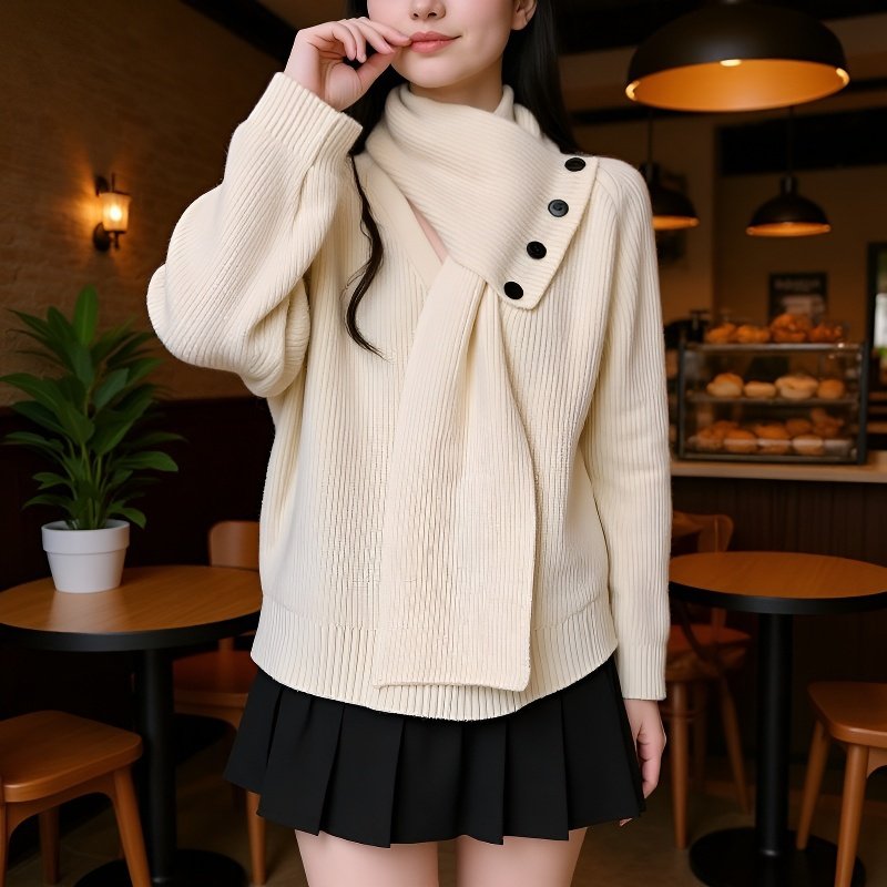 取り外し可能なスカーフ付きニットトップスの詳細