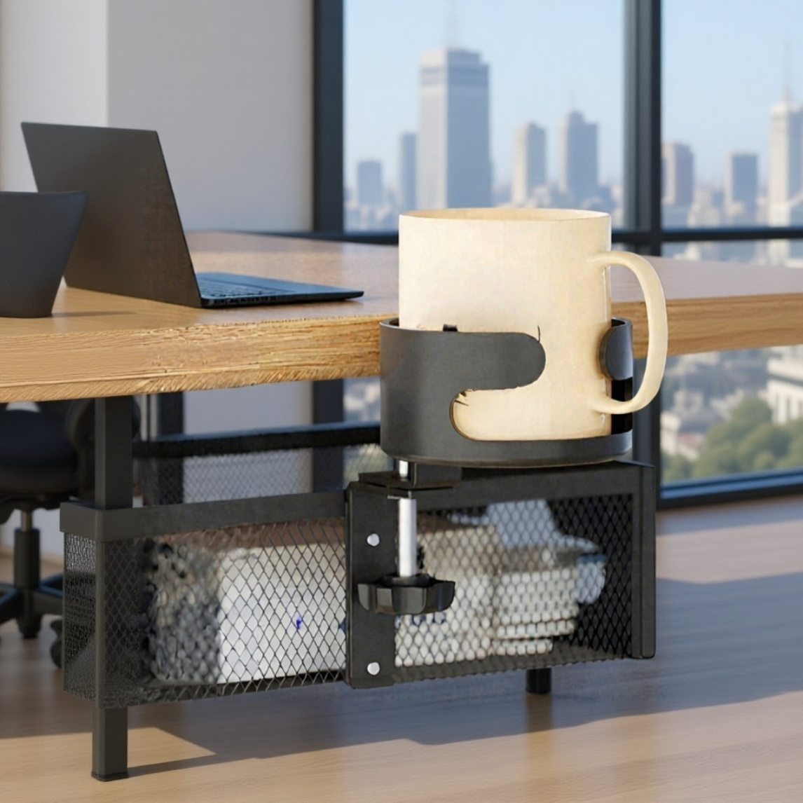 Under-desk cable management rack, no-drill mesh basket cable organizer, power strip holder, under-de