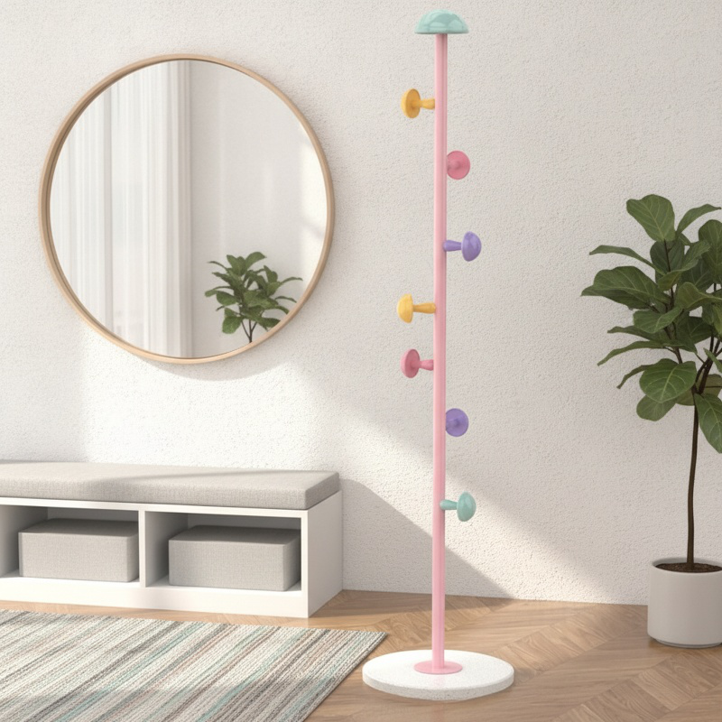 Spacious Storage Shelf at the Base of Mushroom Floor Coat Rack