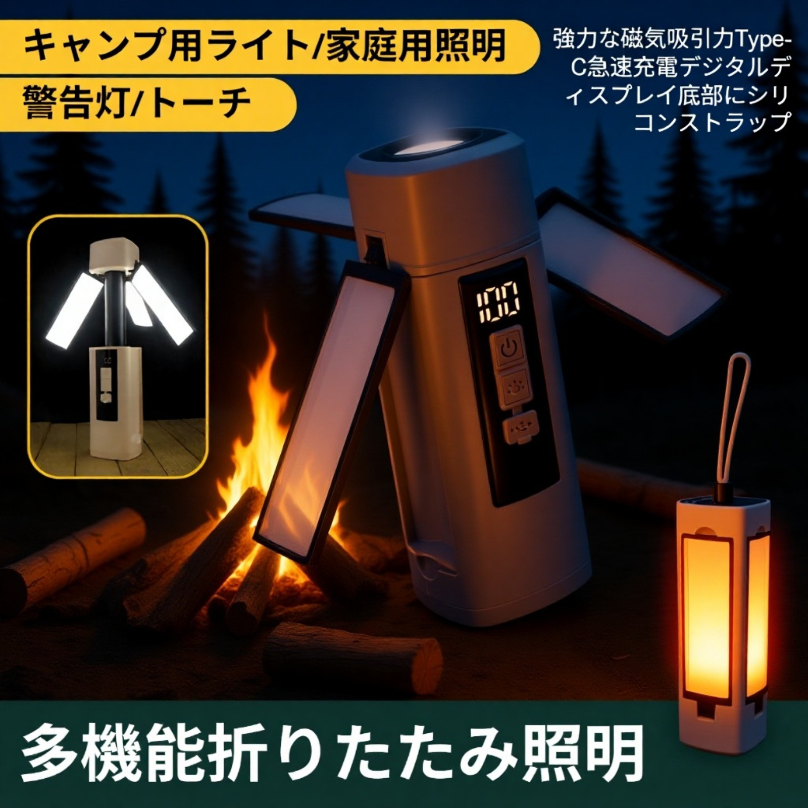 充電式多機能アウトドアキャンプランタン 折りたたみ式吊り下げライト
