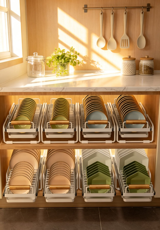 Organizador de vajilla y utensilios para gabinete de cocina