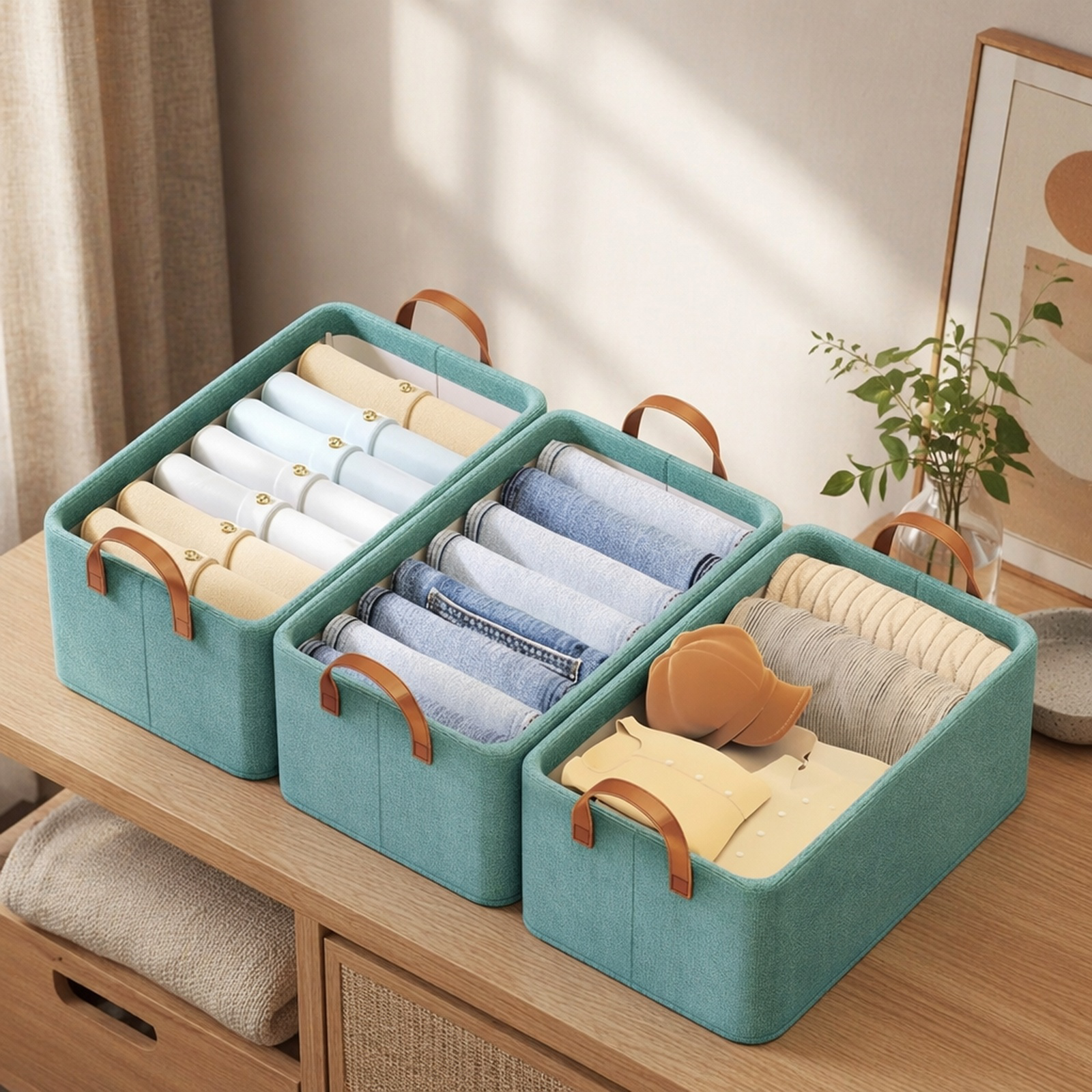 Cesta organizadora decorativa en dormitorio