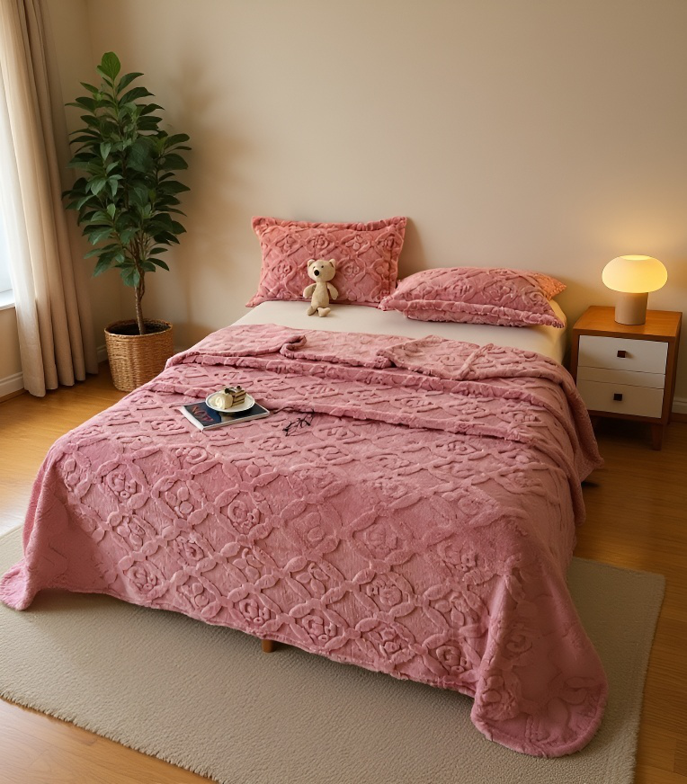 Manta gruesa de felpa de coral con diseño de jacquard en cama