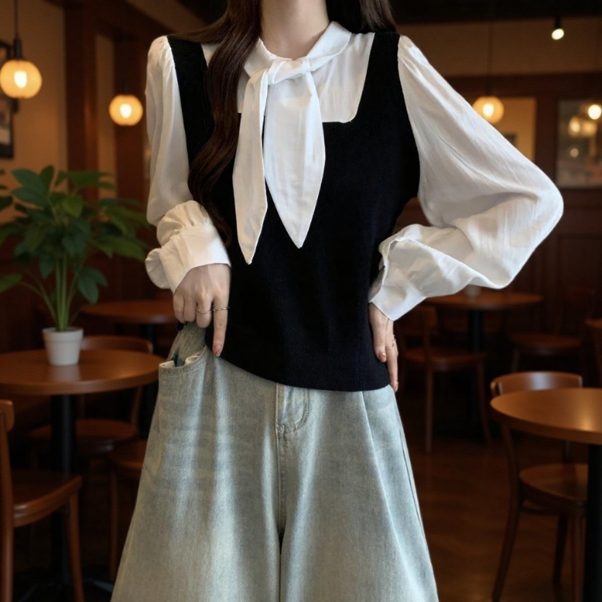 오피스룩에 어울리는 배색 니트 조끼 셔츠