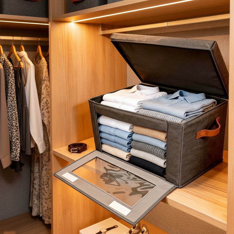 Side-opening fabric folding storage box with lid and transparent window, wardrobe clothing organizer