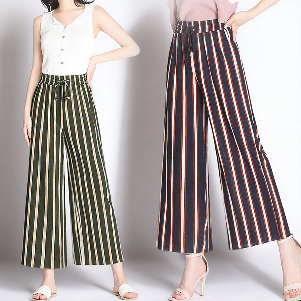 【ストライプワイドパンツ】爽やか　通気  シワに　なりにくい  着痩せ　美脚