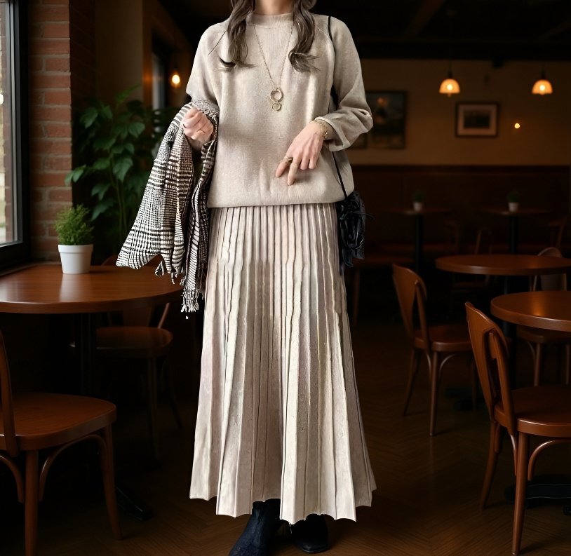 細見えハイウエスト万能プリーツAラインスカート女性用無地セミスカート2点セット