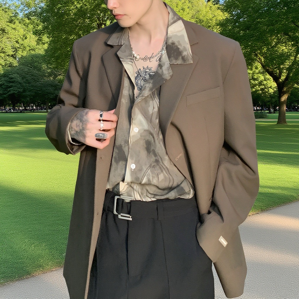 ハイエンドのシンプルなカジュアルスーツジャケットメンズルーズニッチスーツレトロ多用途ショルダーパッドスーツ