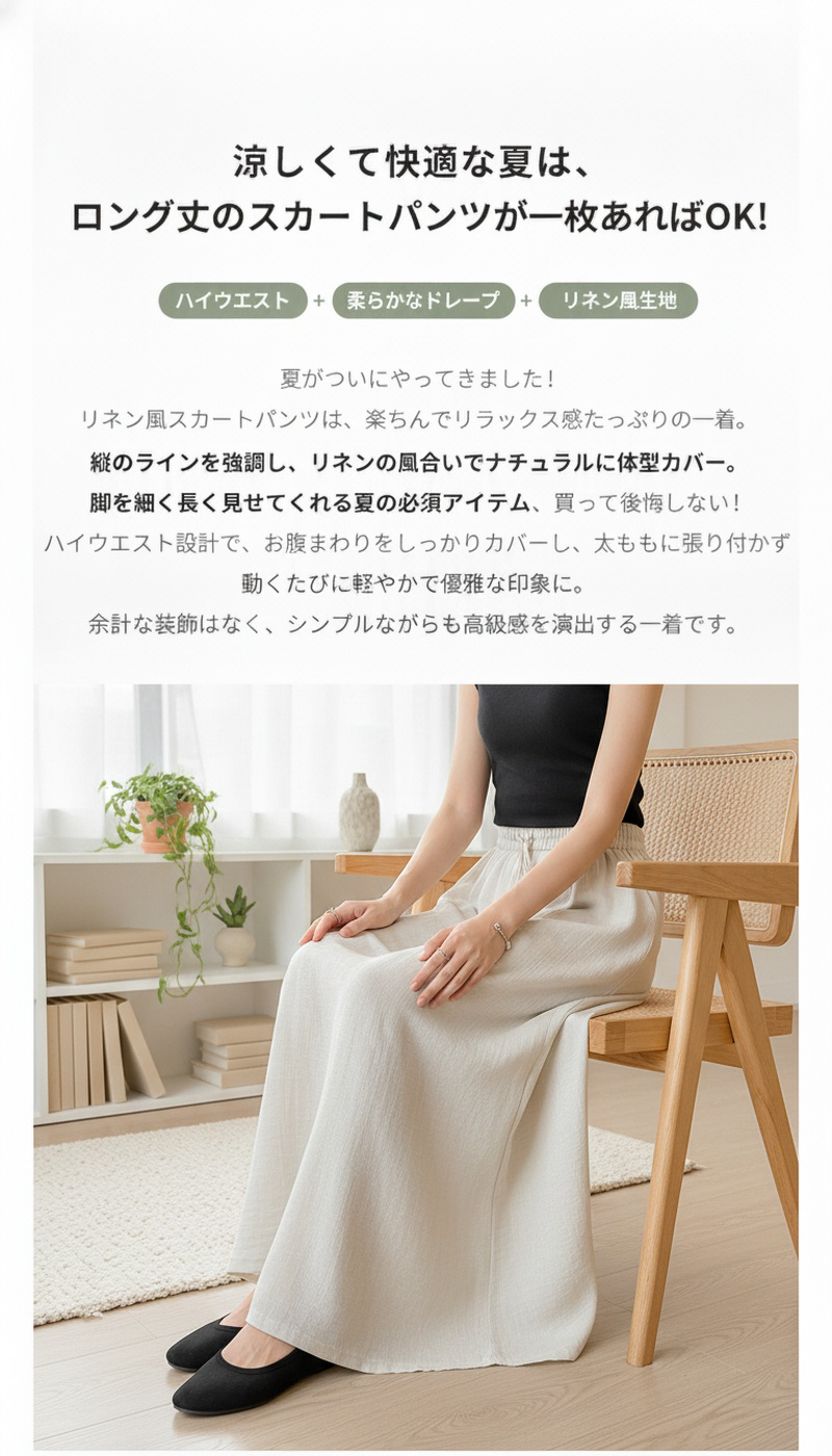 スリムに見える流れるシルエットのキュロット