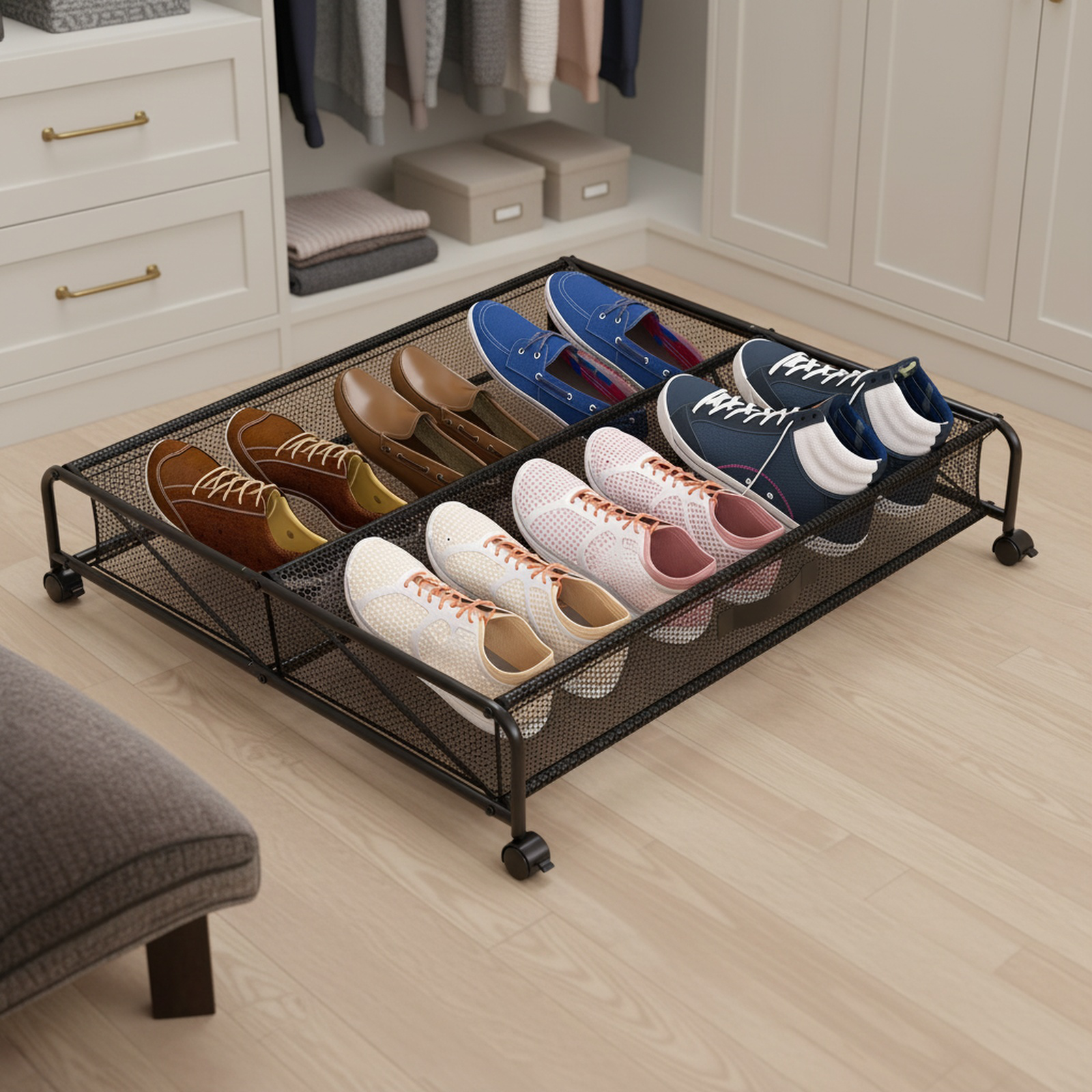 Étagère à chaussures de rangement sous le lit en fer, boîte de rangement