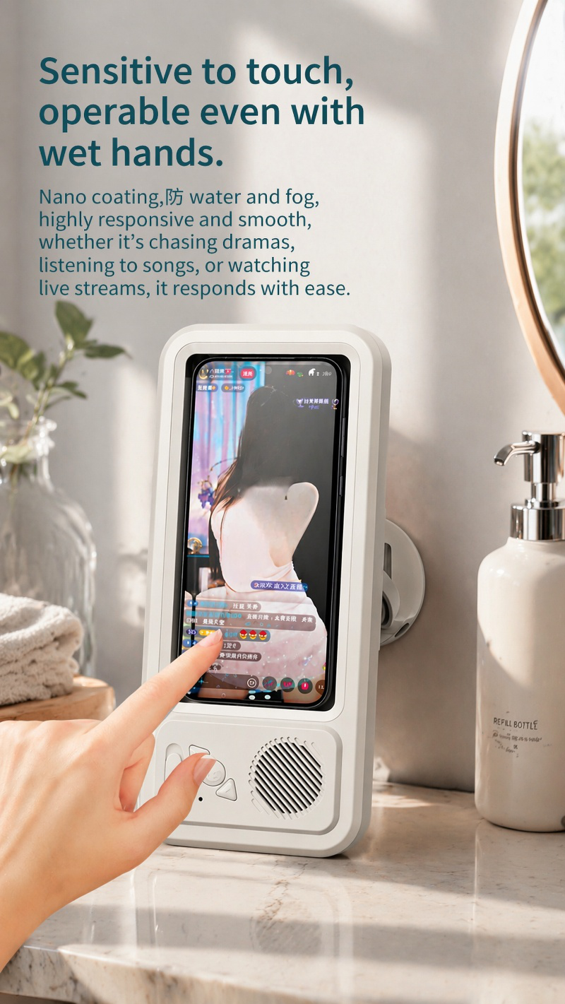 Innovative bathroom accessory for safe phone use in shower