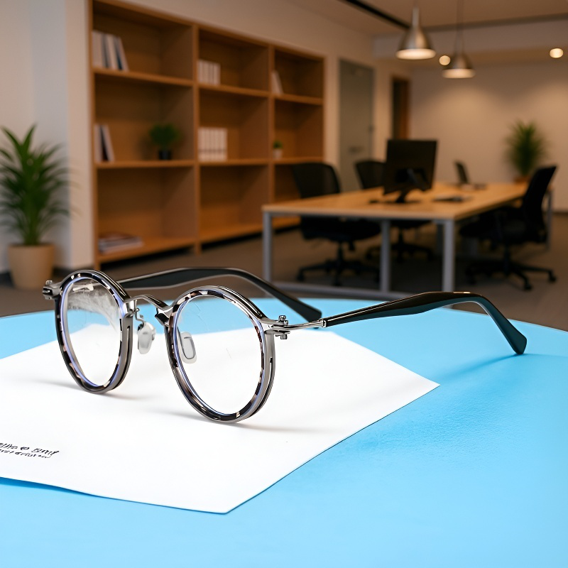 スタイリッシュなブラックフレームメガネの横からの写真