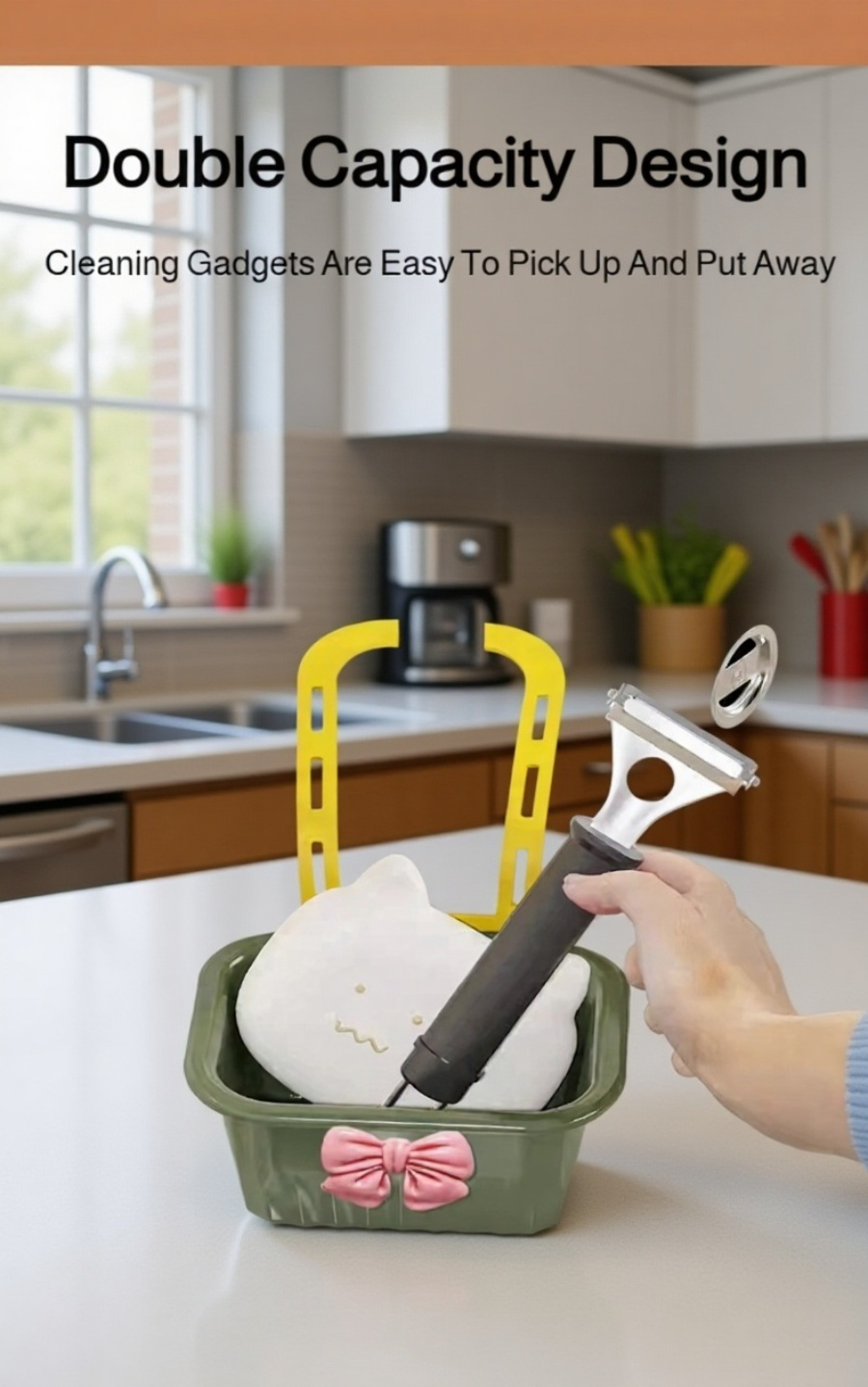 Sink basket draining washed produce in kitchen