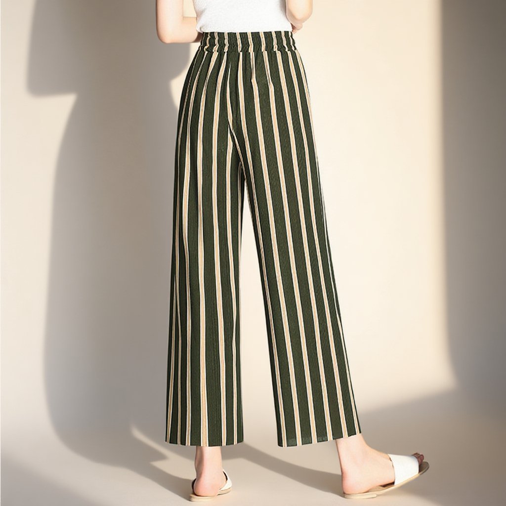 【ストライプワイドパンツ】爽やか　通気  シワに　なりにくい  着痩せ　美脚