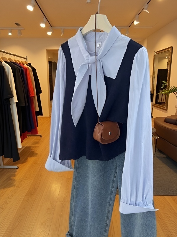 가디건 레이어드 니트 조끼 배색 긴팔 셔츠