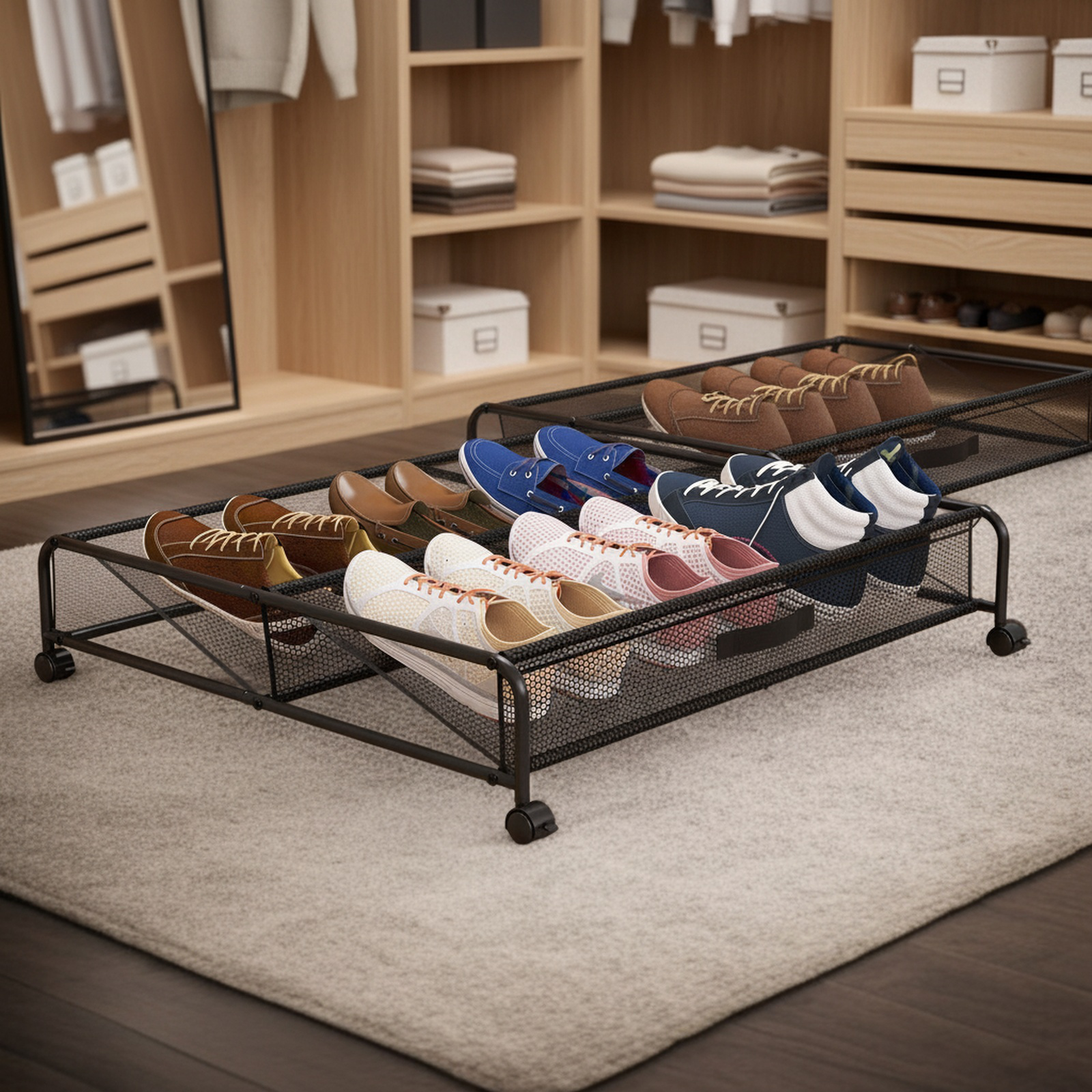 Étagère à chaussures de rangement sous le lit en fer, boîte de rangement