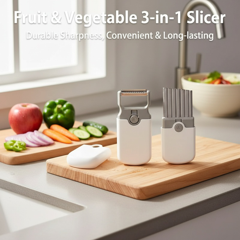 Multi-functional slicer and peeler showing different cutting styles
