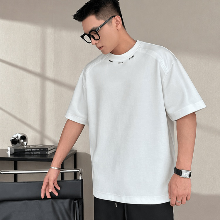 남성용 헤비 숄더패드 트렌디 스틸라벨 티셔츠