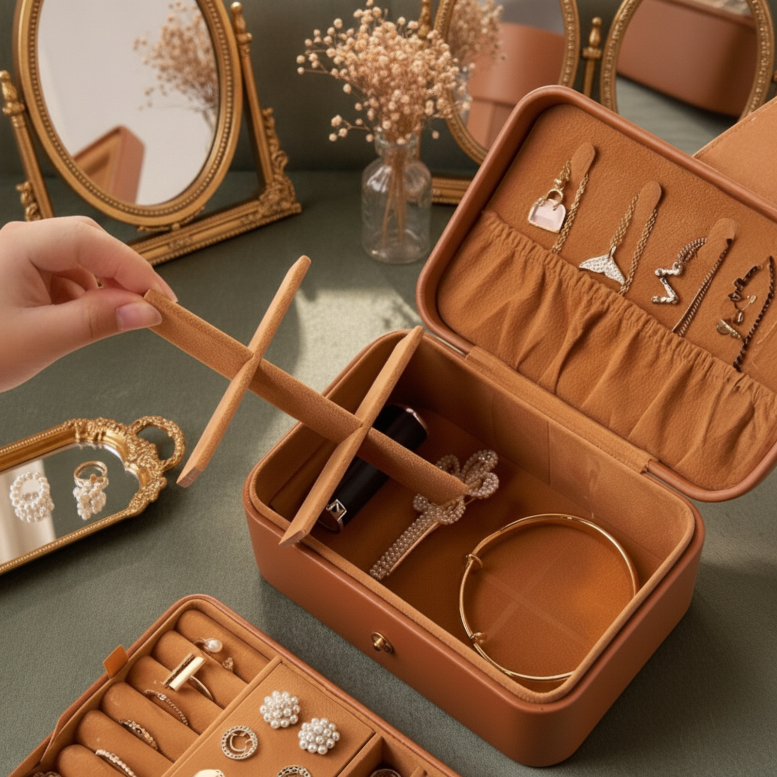 Travel jewelry organizer with earrings, rings, and necklaces stored