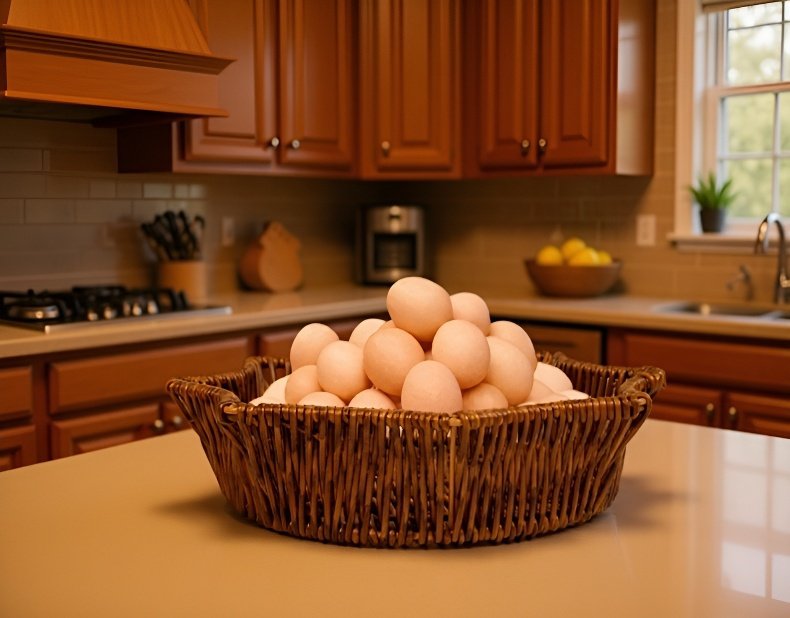 Rustic kitchen decor with rattan storage basket