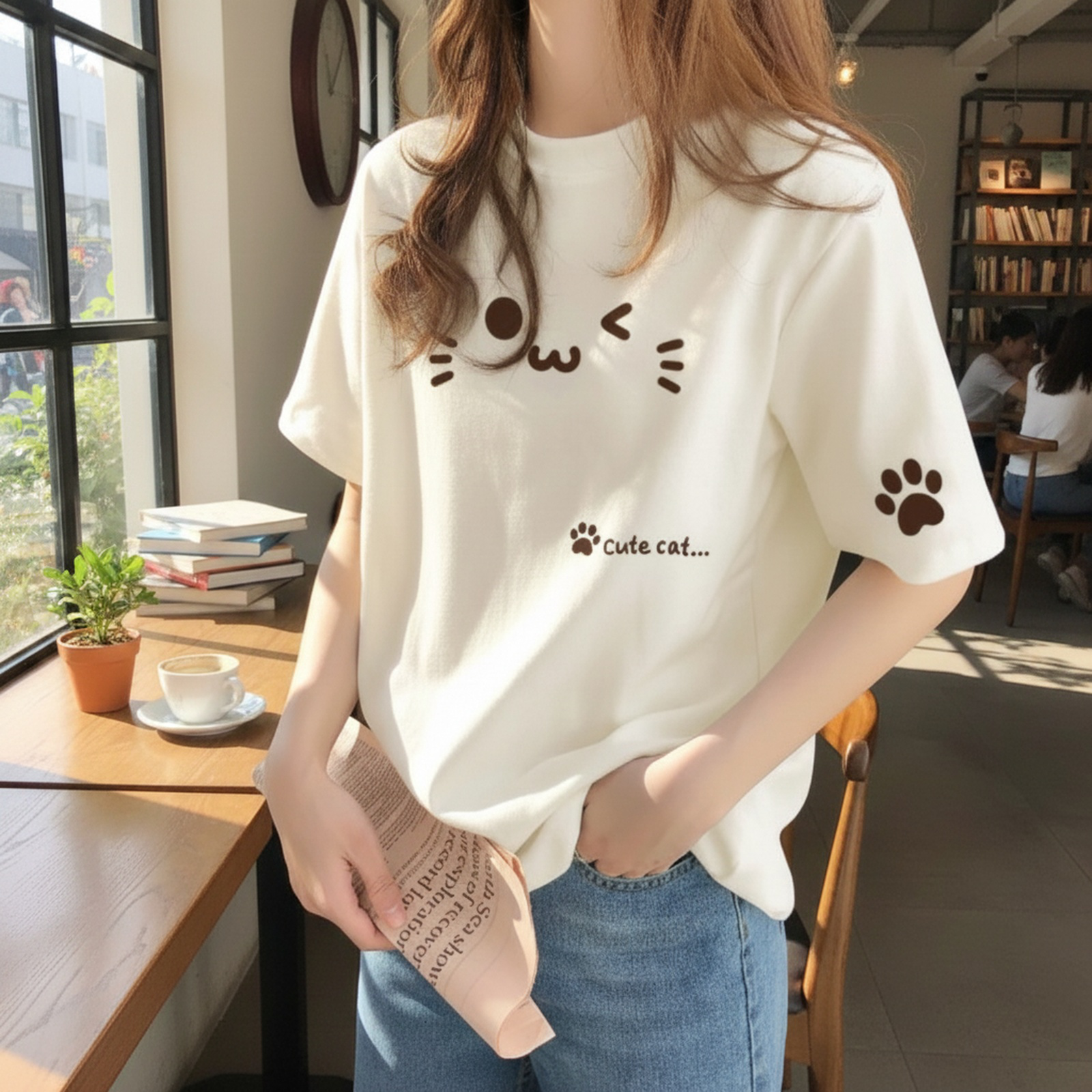 デザイン感のあるレディースコットンベージュインナーTシャツ正面画像
