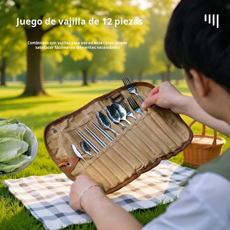  Juego de cubiertos de acero inoxidable con funda de lona encerada para exteriores