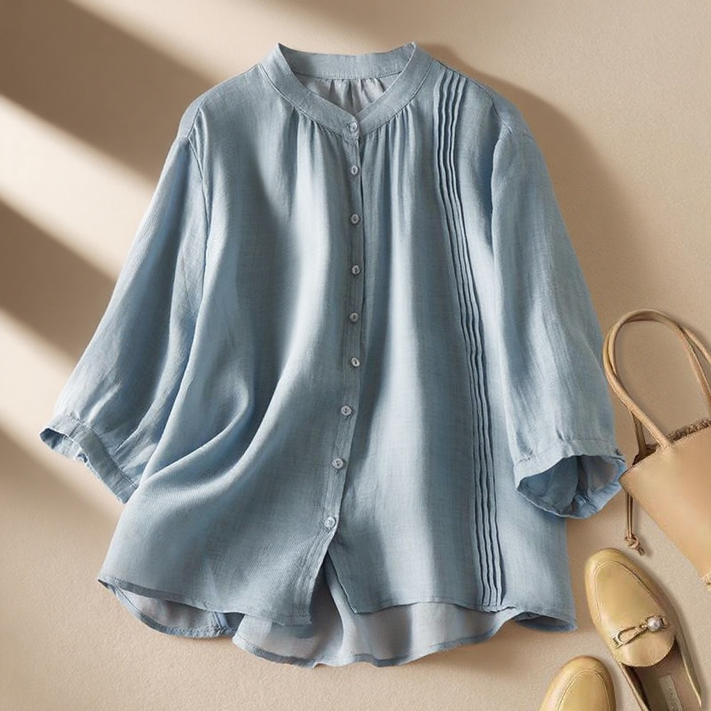 2025 여름 차이나 풍금 주름 면 마 5부 블라우스 여 여름 기질 드러나는 문예 티셔츠 블라우스 여