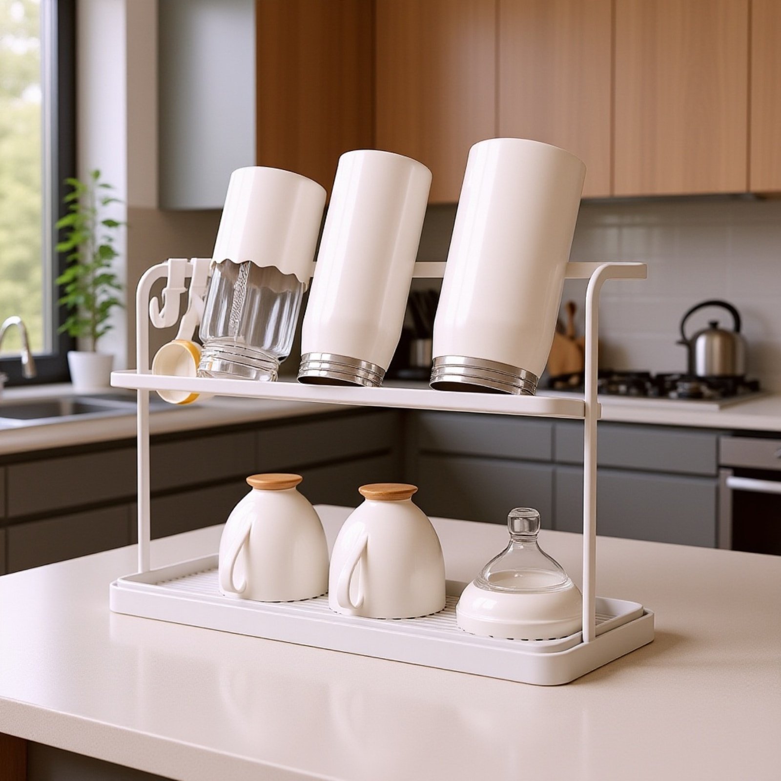 キッチンカウンターの上に置かれた二重層逆転カップラック