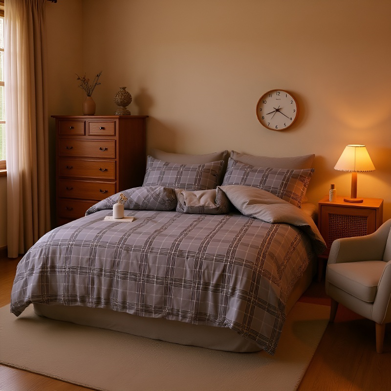 침구 순면 체크 시트 학생이 침대 시트를 측량하다 순면 체크 학생 침대 시트