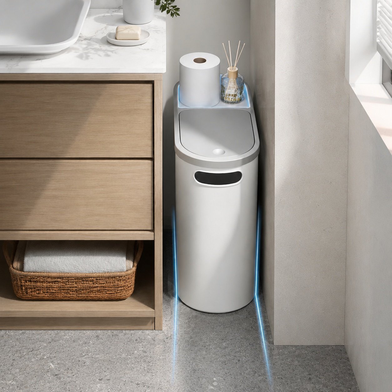 Slim Gap Press-to-Open Trash Can in modern kitchen
