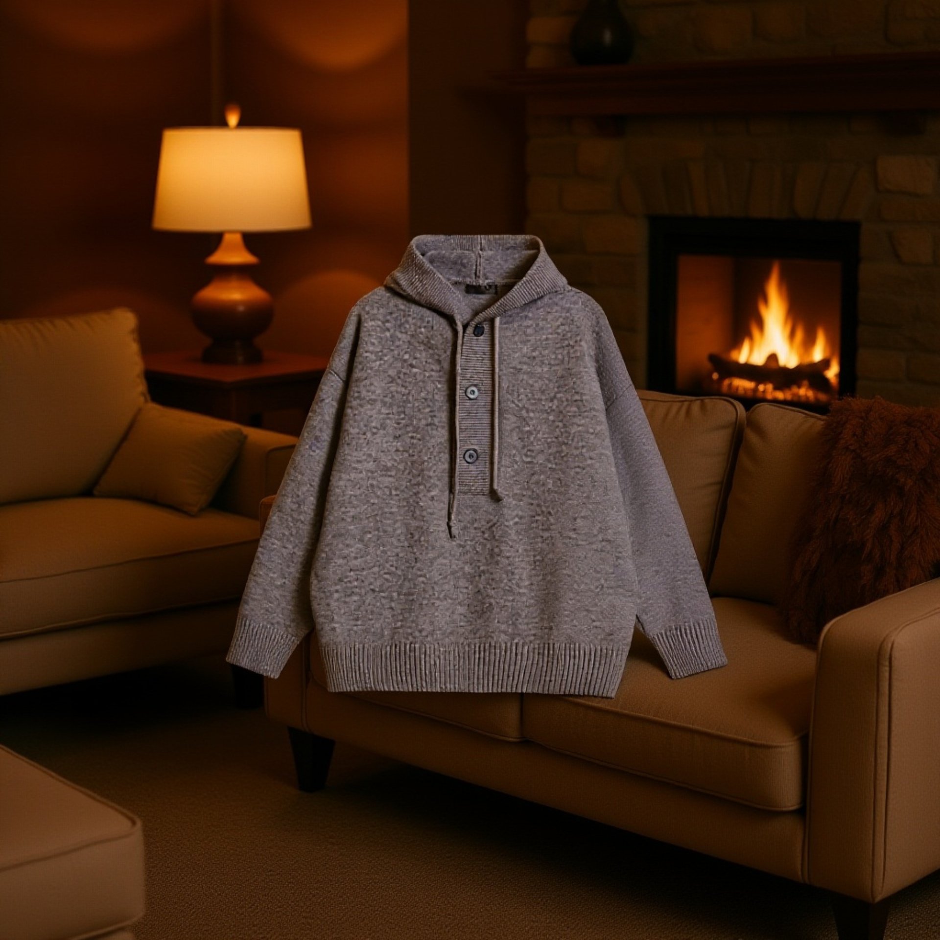 カジュアルでリラックスしたスタイルのニットフード付きプルオーバーセーター