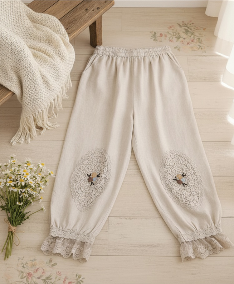 レース刺繍入りコットンリネンランタンパンツ（女性用）