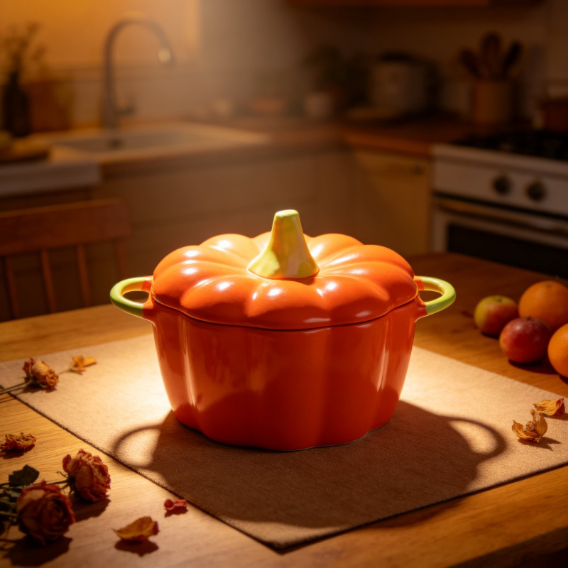 Kürbisförmige Keramikschüssel mit Deckel und zwei Griffen, niedrig glasiert