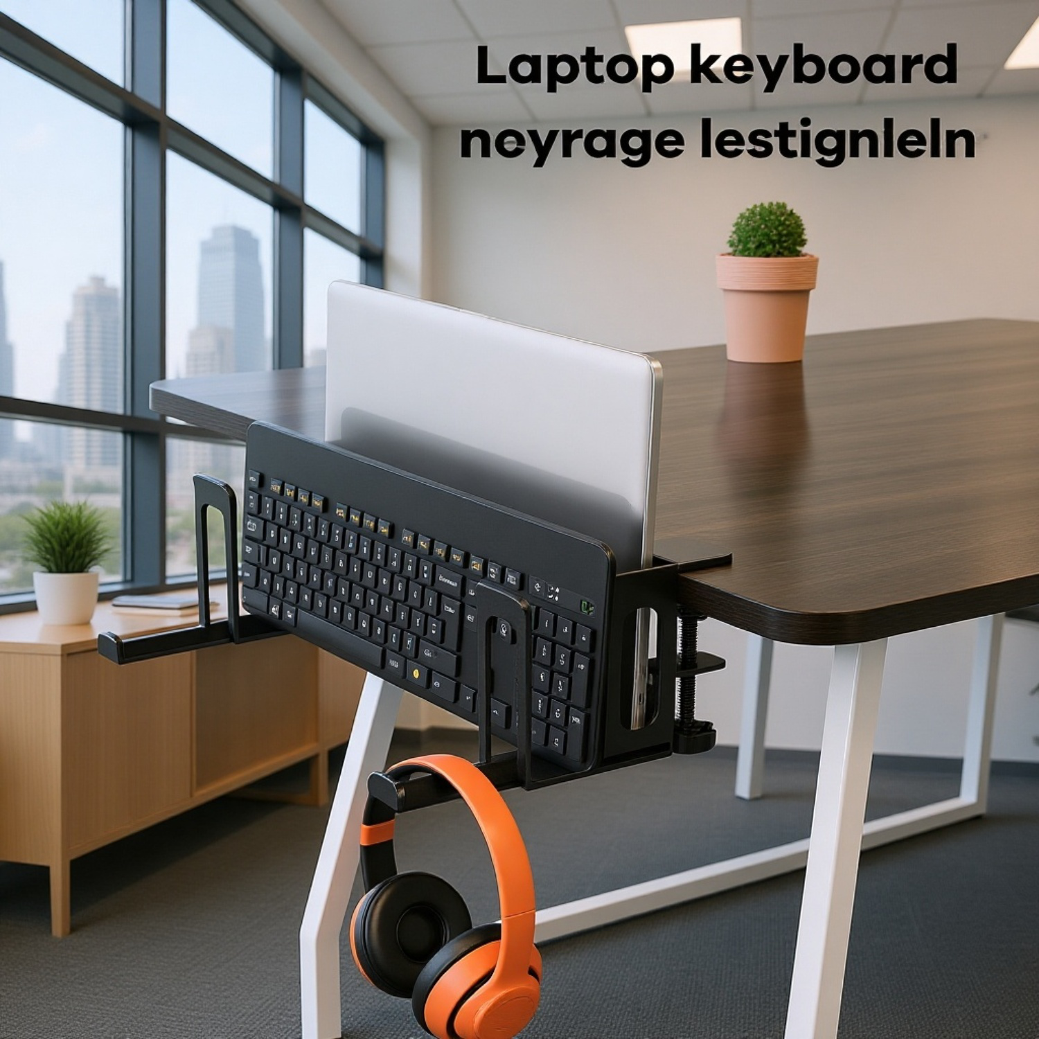 Vista lateral del soporte para portátil con soporte para auriculares