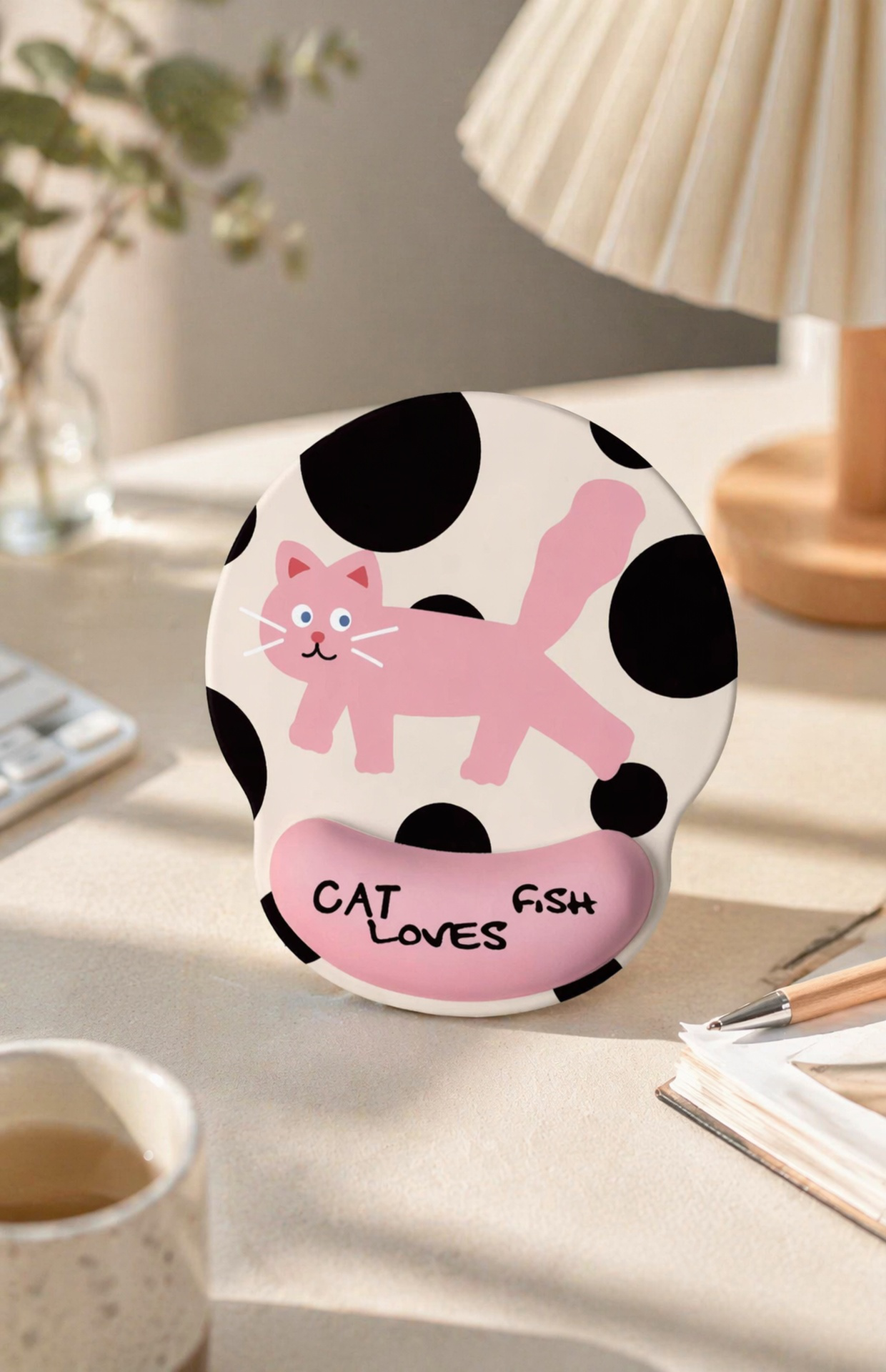 Pink cat wrist rest mouse pad with cartoon design