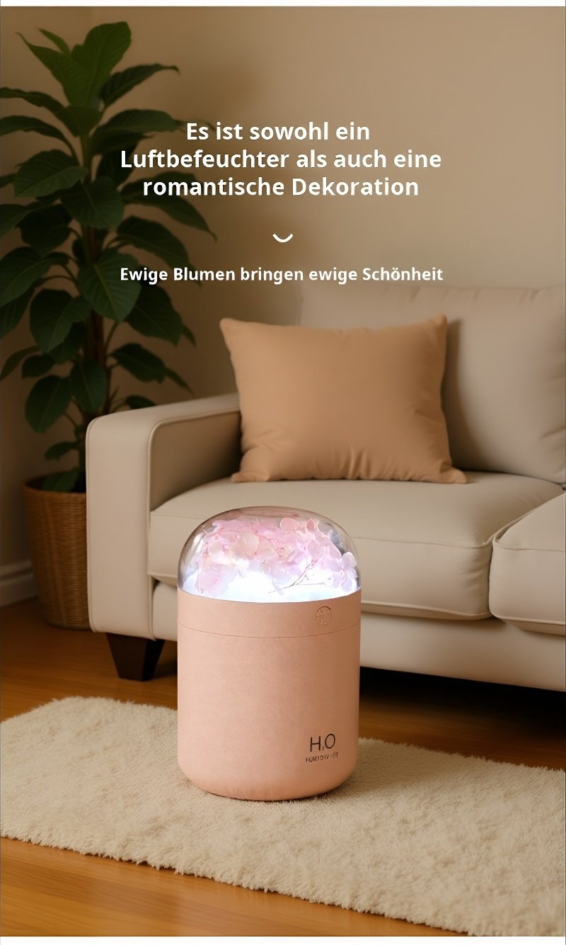 Luftbefeuchter Detailansicht: Blumen, LED und Wasserbehälter