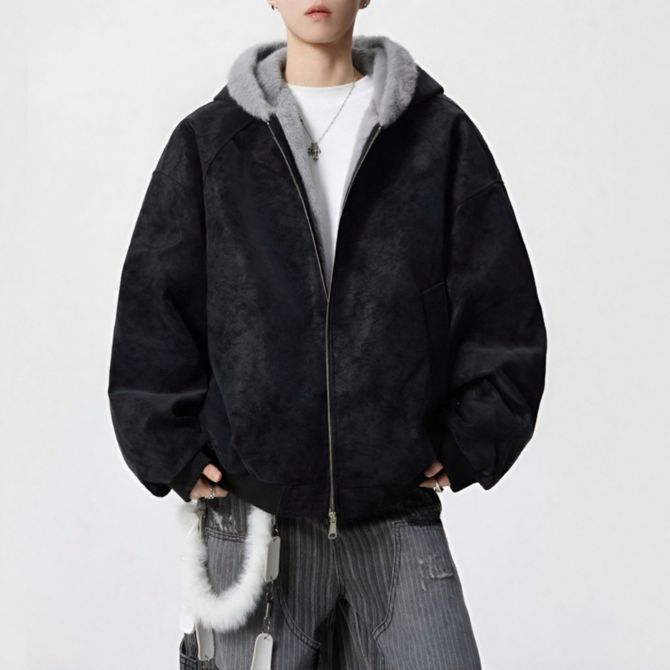 アメリカンスタイルのフリース裏地付きフード付き PU レザージャケット、防風、防寒、メンズ冬用ゆったりコットンパッド入りコート、高級感、厚手で暖かいアウターウェア。