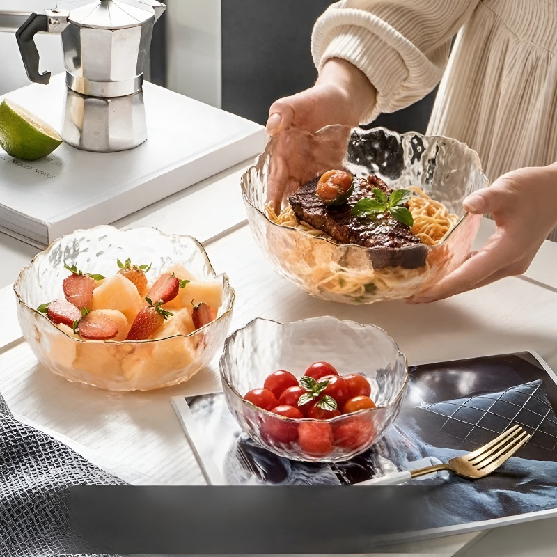 Clear Glass Bowl Hammered Japanese Fruit Plate High Color Salad Bowl Popular Fruit Bowl