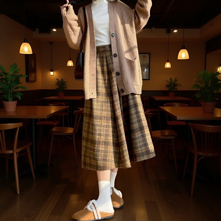 가을 겨울용 체크 패턴 모직 스커트 상세 이미지