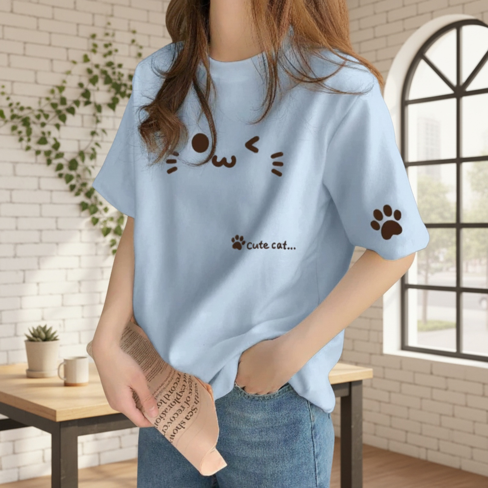 スタイリッシュなベージュインナーTシャツ着用イメージ