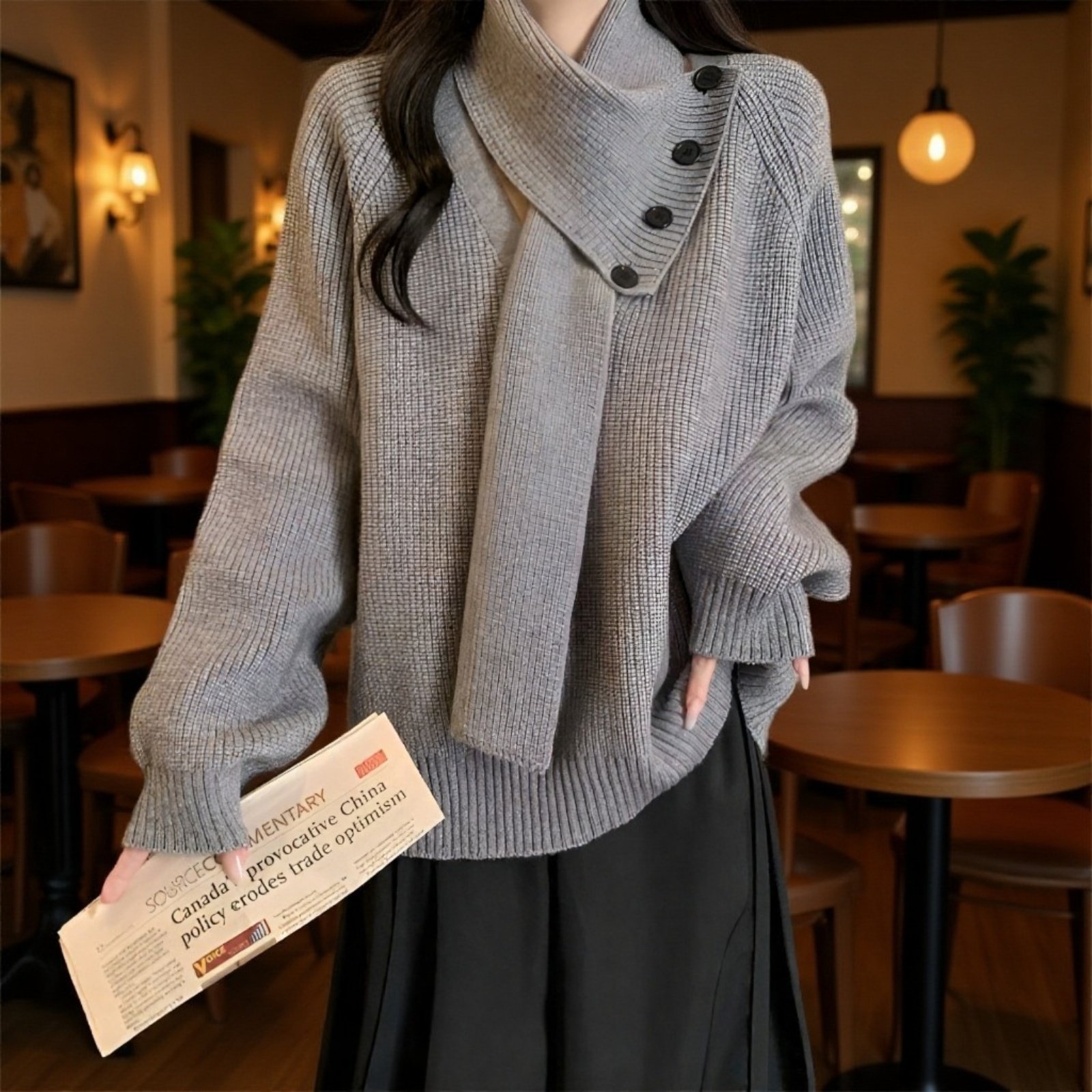 2025年新作 取り外し可能なスカーフ付きVネックセーター レディース 秋冬 ゆったりとしたハイエンドニットトップス