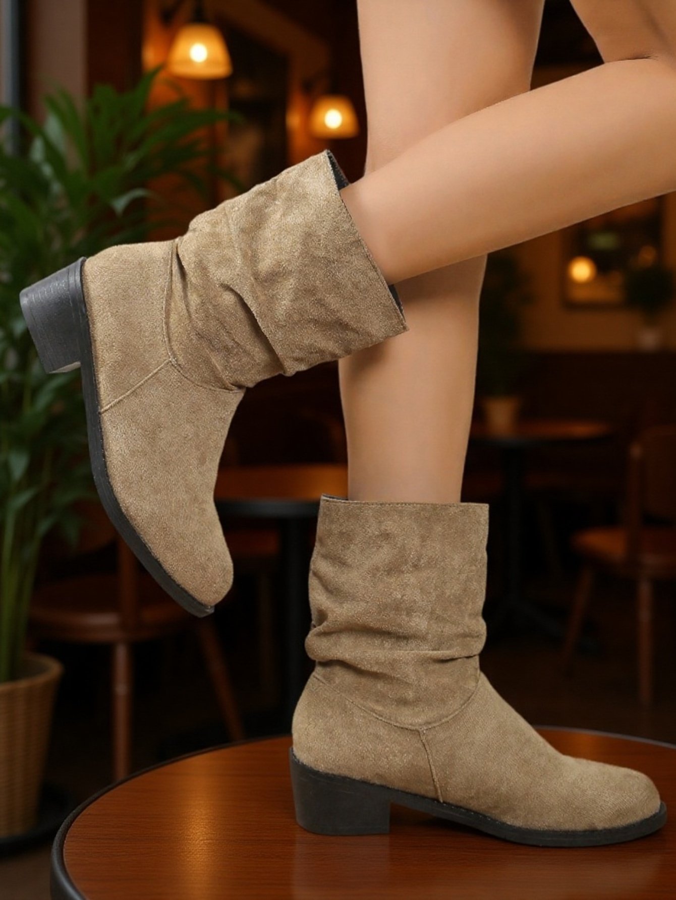 حذاء شتوي نسائي بكعب عريض وجلد سويدي