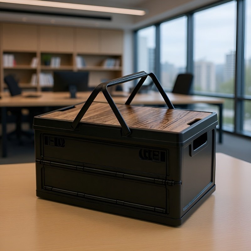 Foldable wooden tabletop camping storage box with plastic basket