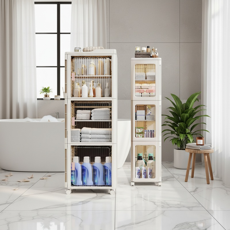 Étagère de rangement mobile pour salle de bain avec ouverture et fermeture