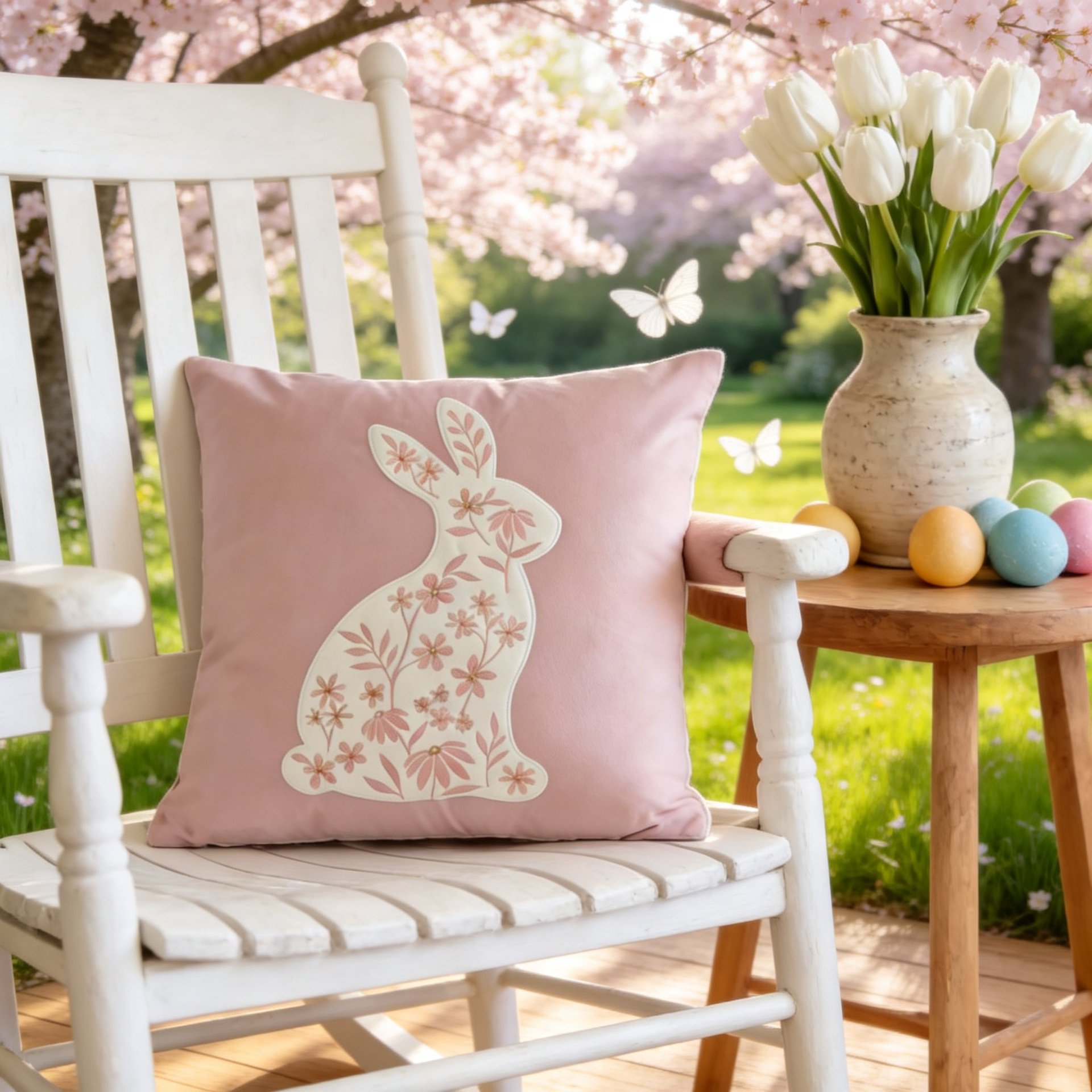 Sofa decorated with cute Easter bunny pillow cover