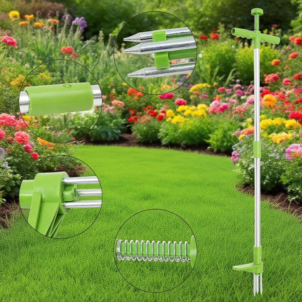 手動式雑草抜き器で庭の草取り