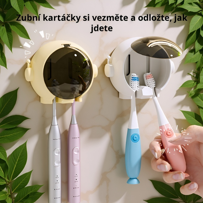 Nástěnný držák na zubní kartáčky astronaut s dvěma sloty na karty