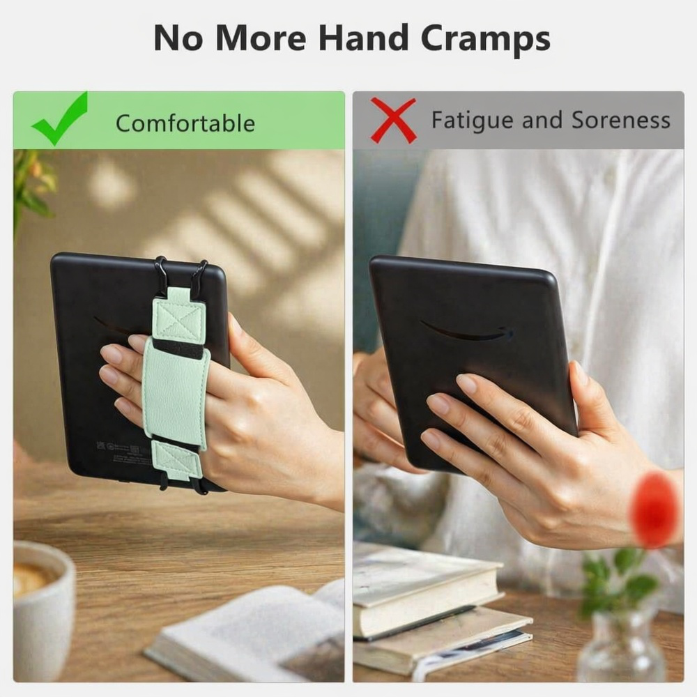 E-reader/tablet stand for one-handed operation, safe grip, drop-proof hand strap, buckle, and highly