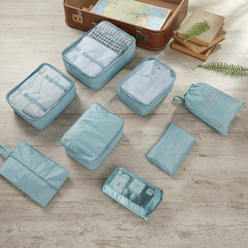 8pcs packing cubes set displayed with suitcase