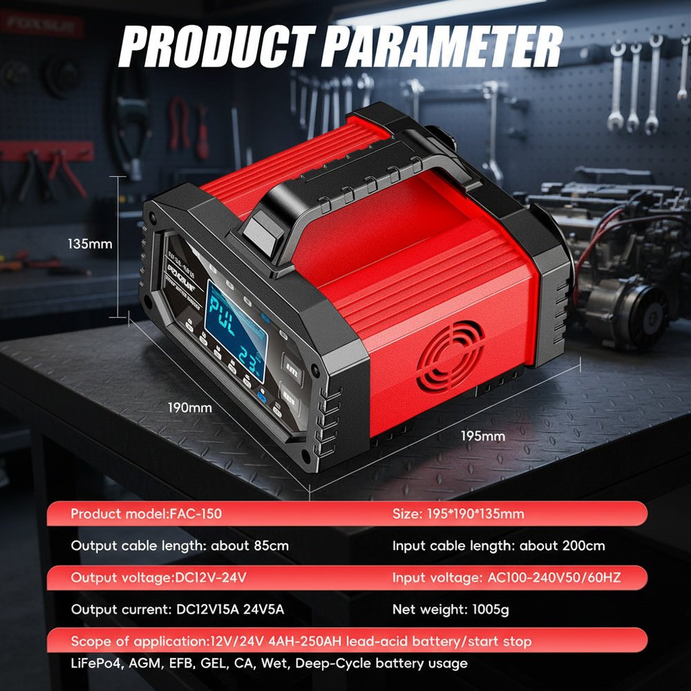 LCD Display Portable Multi-Function Battery Charger for Car Motorcycle Boat